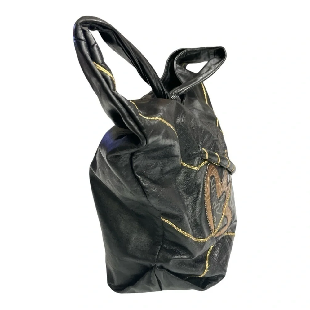 VTG Black Genuine Leather Patchwork Hobo Bag Boho Slouchy Shoulder Purse